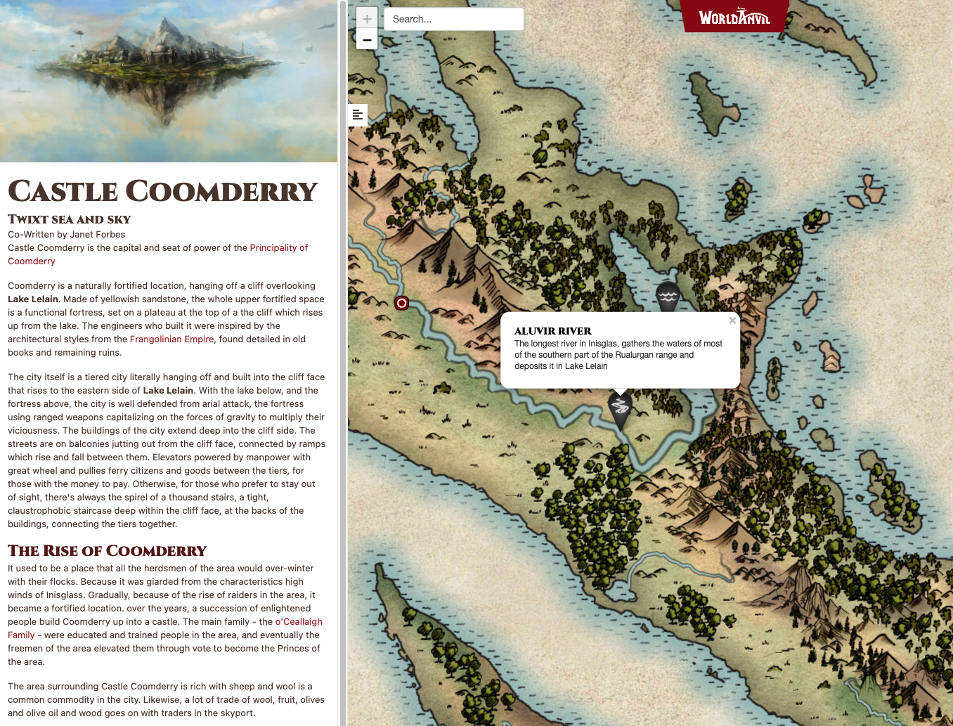 An example of World Anvil’s secure worldbuilding notebook with advanced privacy settings, as shown on an interactive fantasy map.