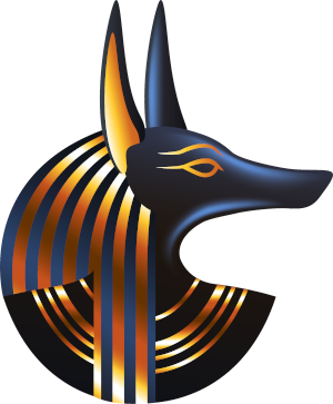 Illustration of a jackal head in an Egyptian style. The head is colored in with dark blue, gold and black.