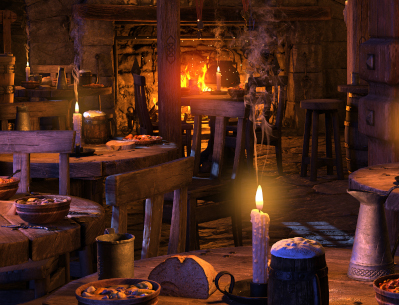 Dimly lit tavern with a large hearth in the background. 4 or 5 tables in the front with stews, breads and ales set out.