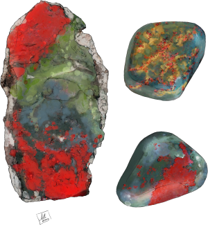 Three samples of the mineral aggregate heliotrope, also known as bloodstone. A crystalline mixture of quartz with inclusions of green jasper and red hematite.