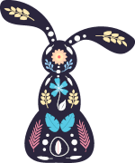 Silhouette of a folk rabbit with cat features, a Cabbit. His fur is covered in shifting patterns of flowers and leaves. 