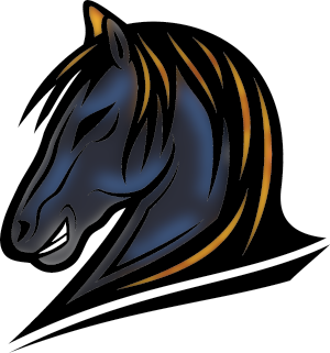 Illustration of a horse head to represent a Tickbalang. The head is colored in with dark blue, gold and black.
