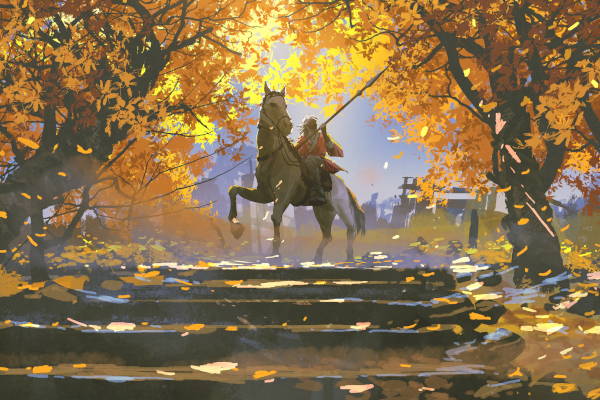 Warrior with a pike sits on a horse with autumn trees around them and a broken city in the background.