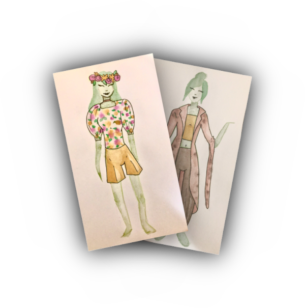 Two sketches of outfit ideas on a woman with green hair and slim build. One outfit is a floral blouse and shorts with a crown of flowers. The other is long pants, a cropped shirt, and overcoat