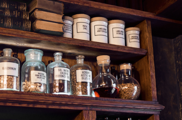 Thick, finished shelves stocked with magical and herbal remedies