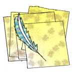 Parchment with a quill illustration that links to the latest stories shared