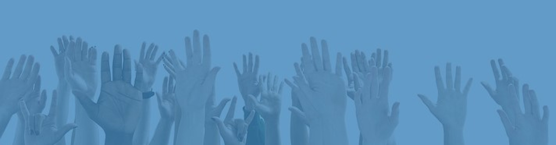 Original image from iStockPhoto/mangostock. A diversity of hands in a row are raised to vote and volunteer. A blue filter is overlaid the image to fit with the story theme.