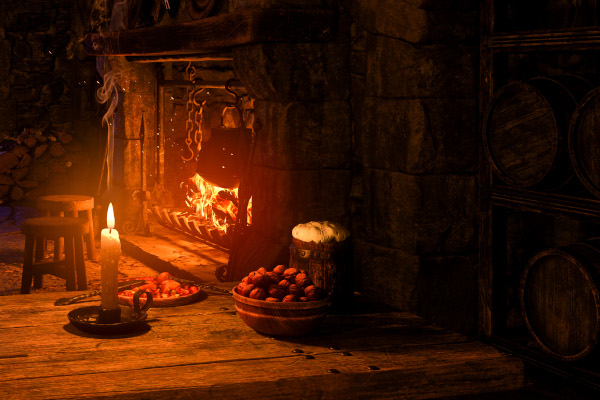Candlelit table in the front in an old medieval inn with barrels of ale or wine to the side and an open fireplace with a large cauldron over the fire in the back. 3D illustration.